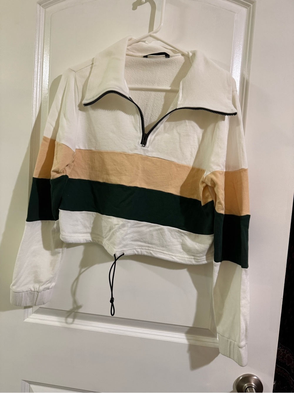 SHEIN White Colorblock Half-Zip Sweater with Peach & Dark Green Stripes. set